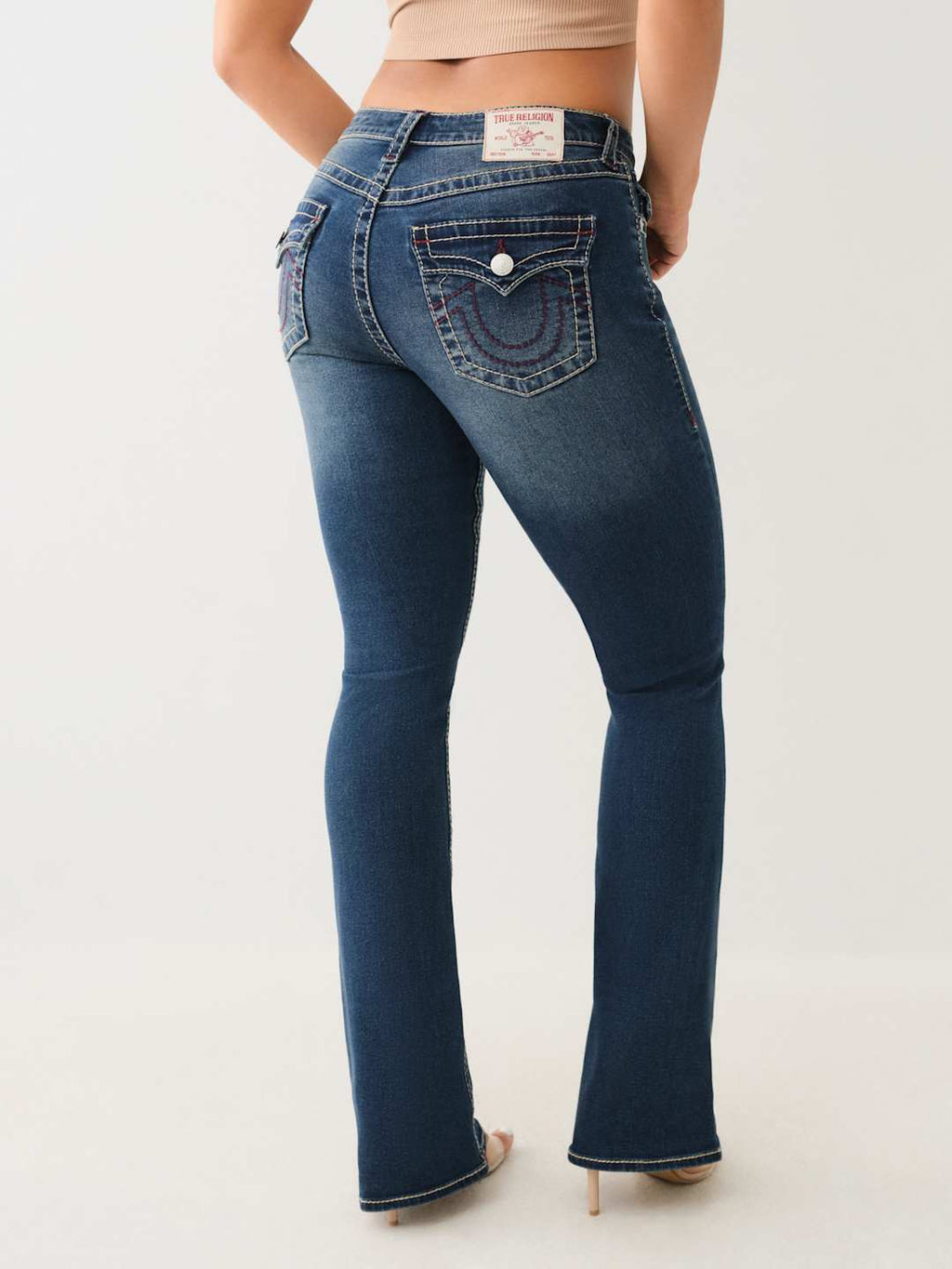 True Religion Jean Ladies Becca Big T MR Flap Bootcut Dark Shivering Wash