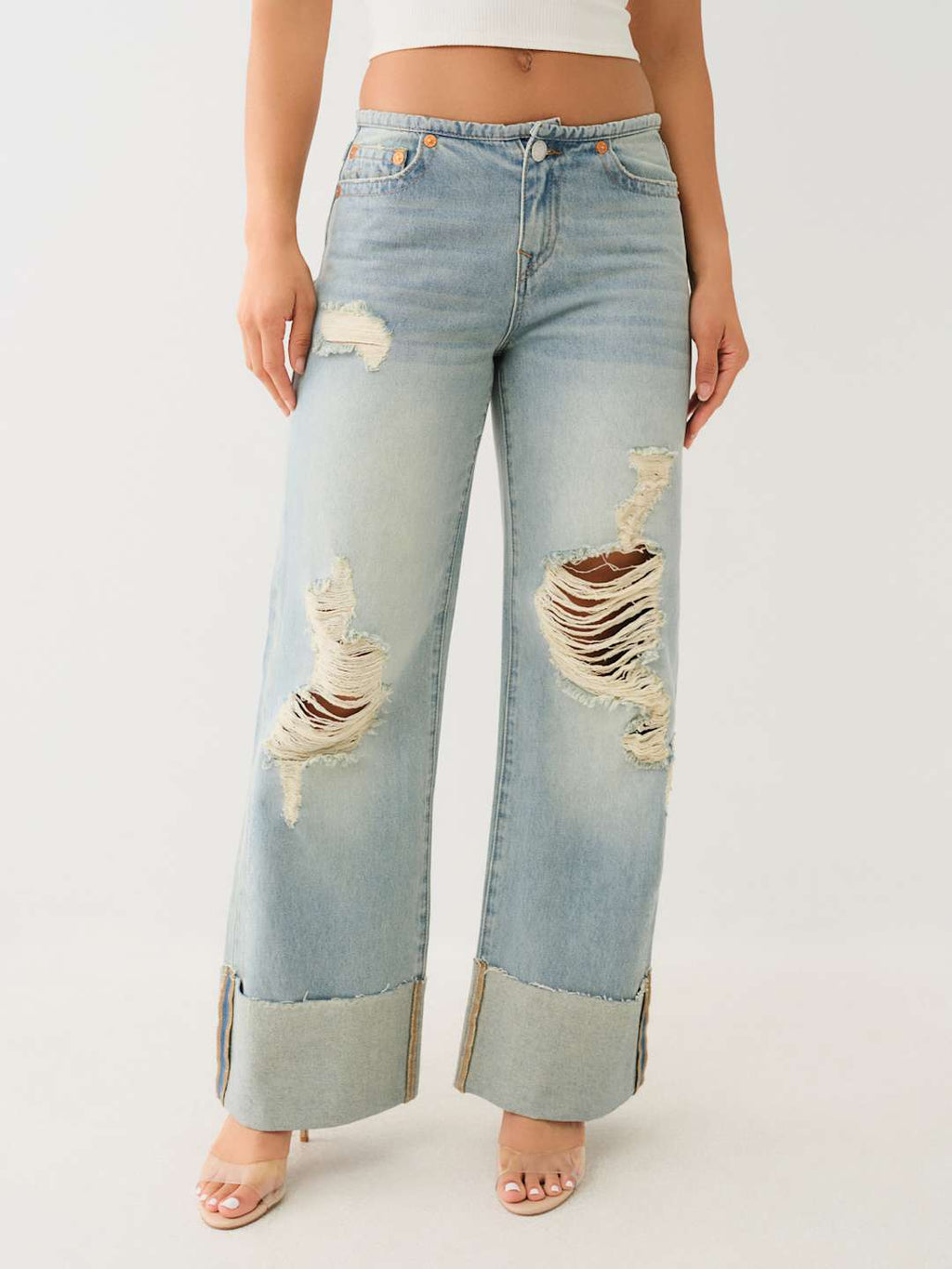 True Religion Jeans Ladies Cuffed Low Slung Baggy Jean Lila With Destroy