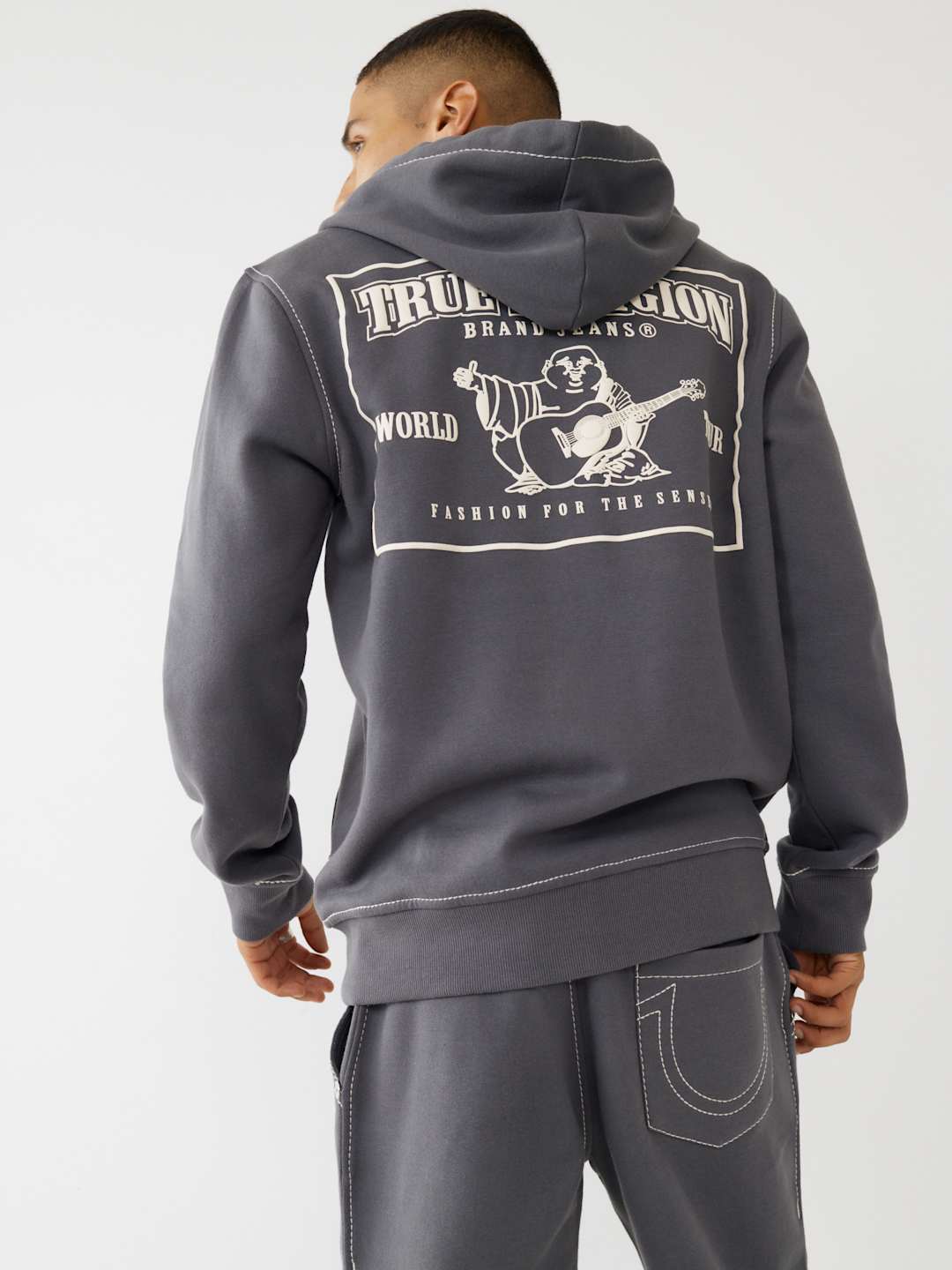 True Religion Sweater Big T Zip Up Hoodie Iron Gate/Winter White