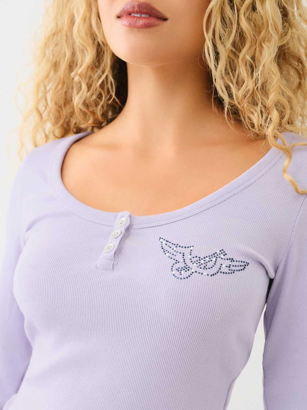 True Religion Scoop Neck T-Shirt Henley Rib Heirloom Lilac