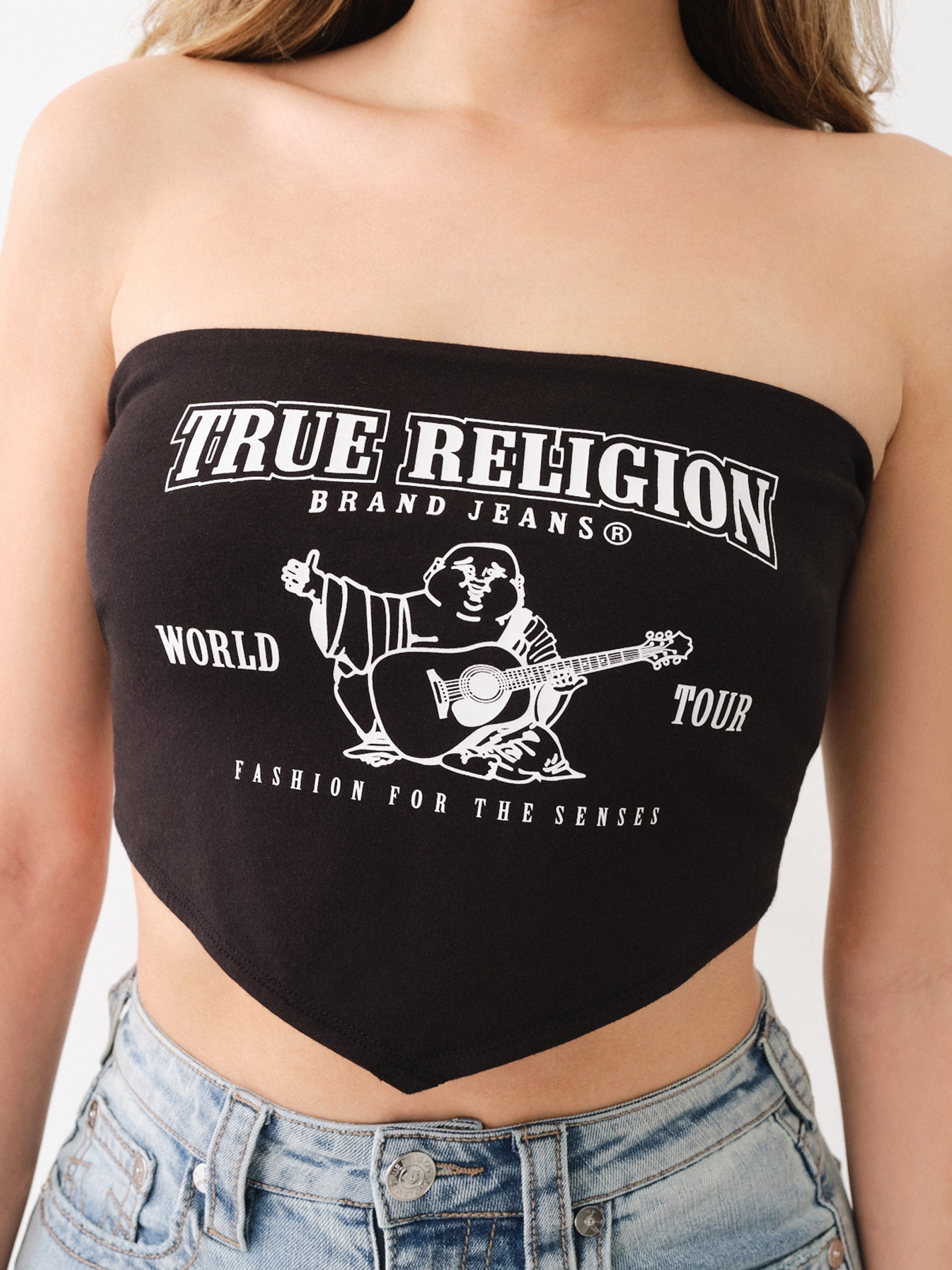 True Religion T-Shirt Ladies Tie Back Scarf Logo Jet Black
